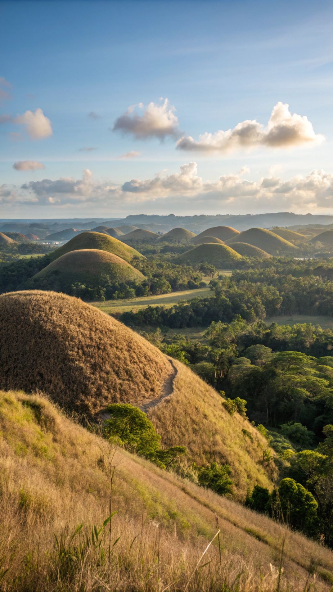 Rolling green hills of Bohol under a soft morning sky