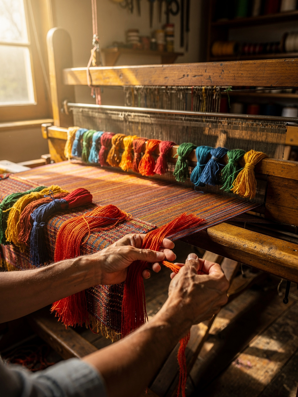 Artisan hands working on traditional craft in a sunlit workshop