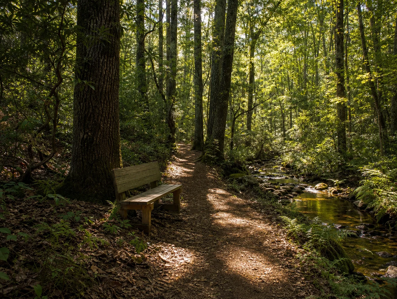A winding trail through a dense forest