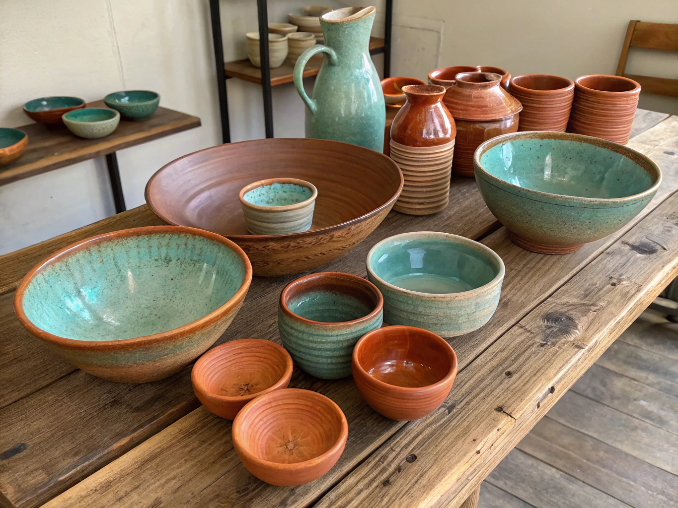 Handmade pottery on a rustic wooden table